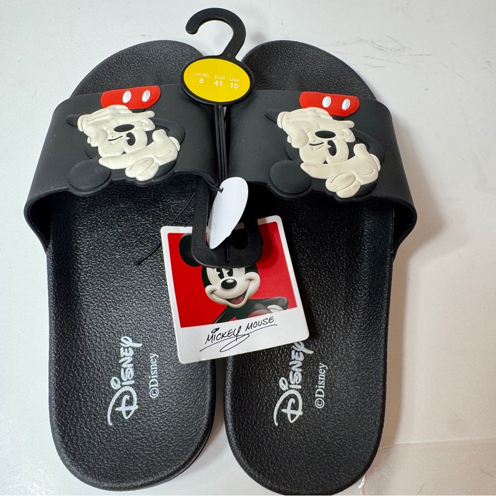 NWT. Disney Mickey Mouse slides size 10 for women. Black w/3D graphic of Mickey